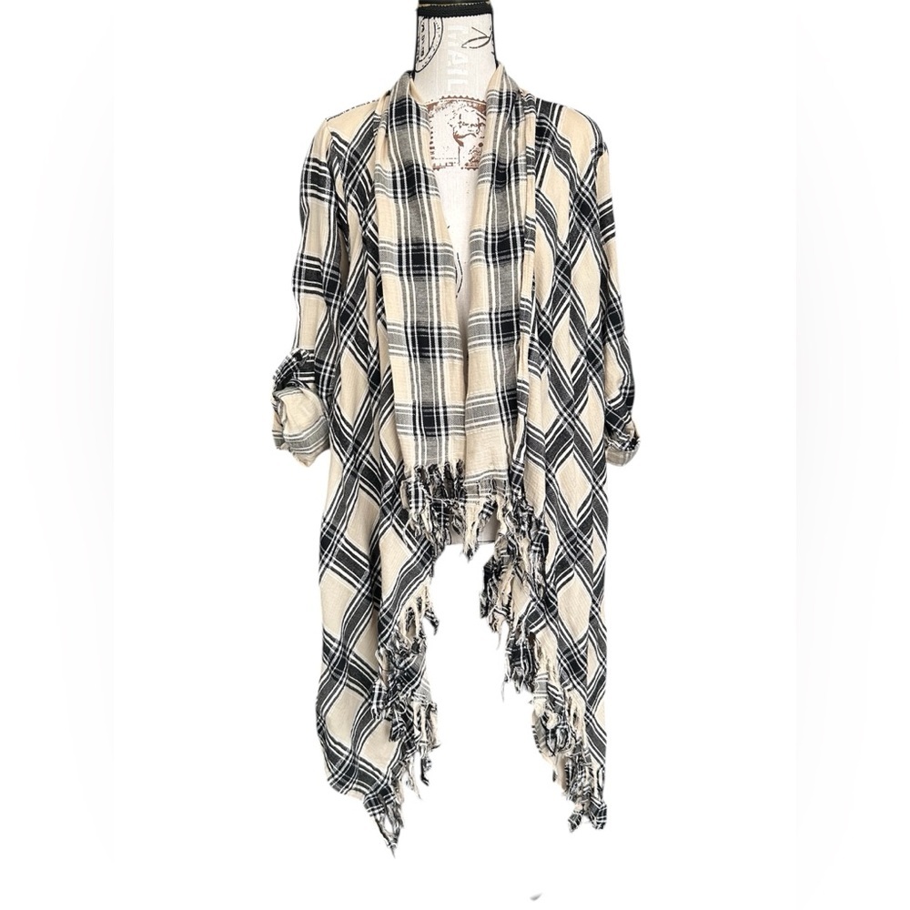 KORI America Tan and Black plaid high low Lagenlook Cardigan Small - Picture 1 of 9